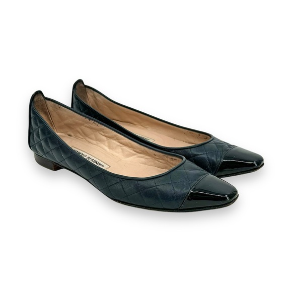 Manolo Blahnik Shoes - Manolo Blahnik Navy Blue & Black Quilted Patent Leather Toe Ballet Flats sz 37.5